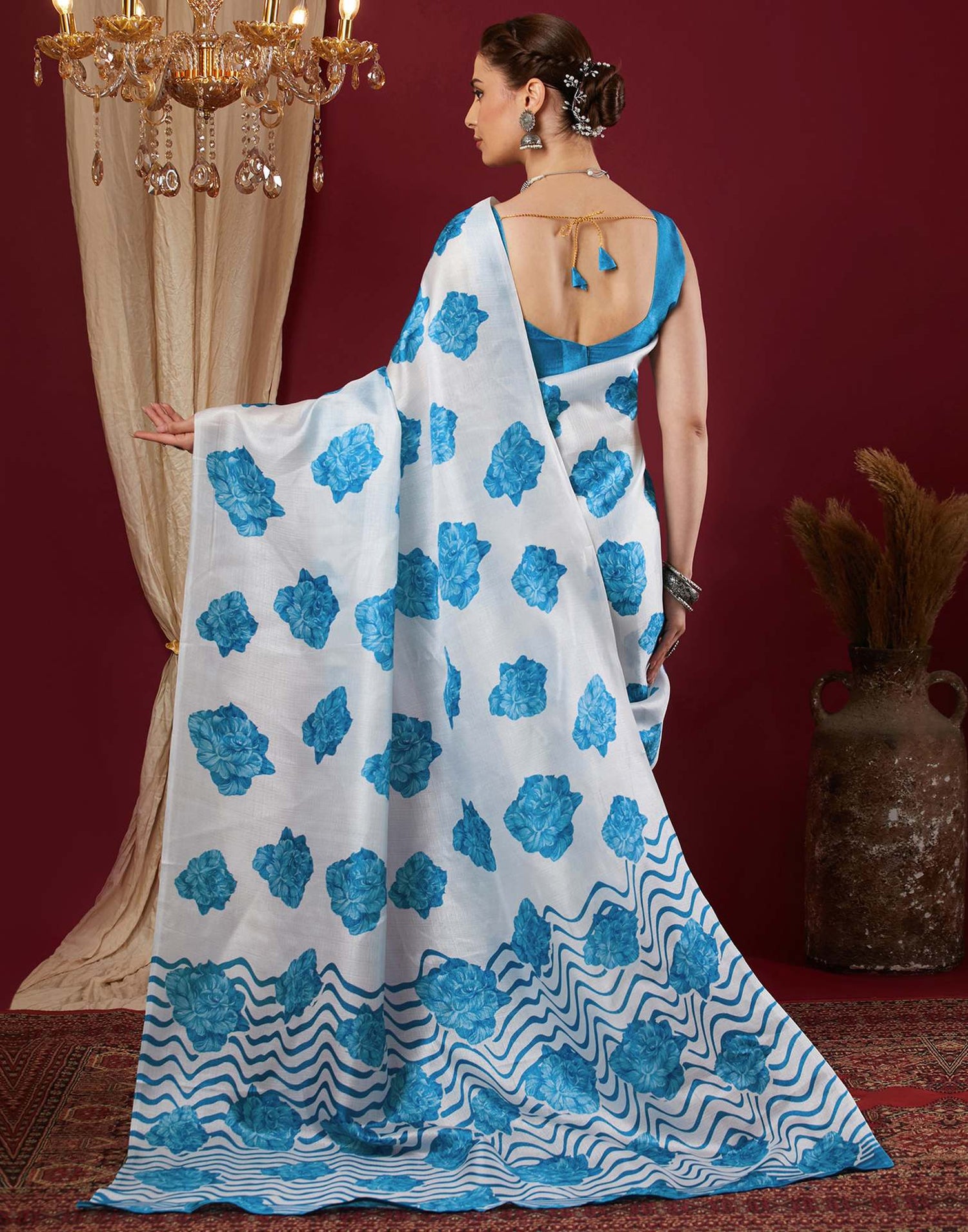 White Cotton Blend Floral Printed Saree