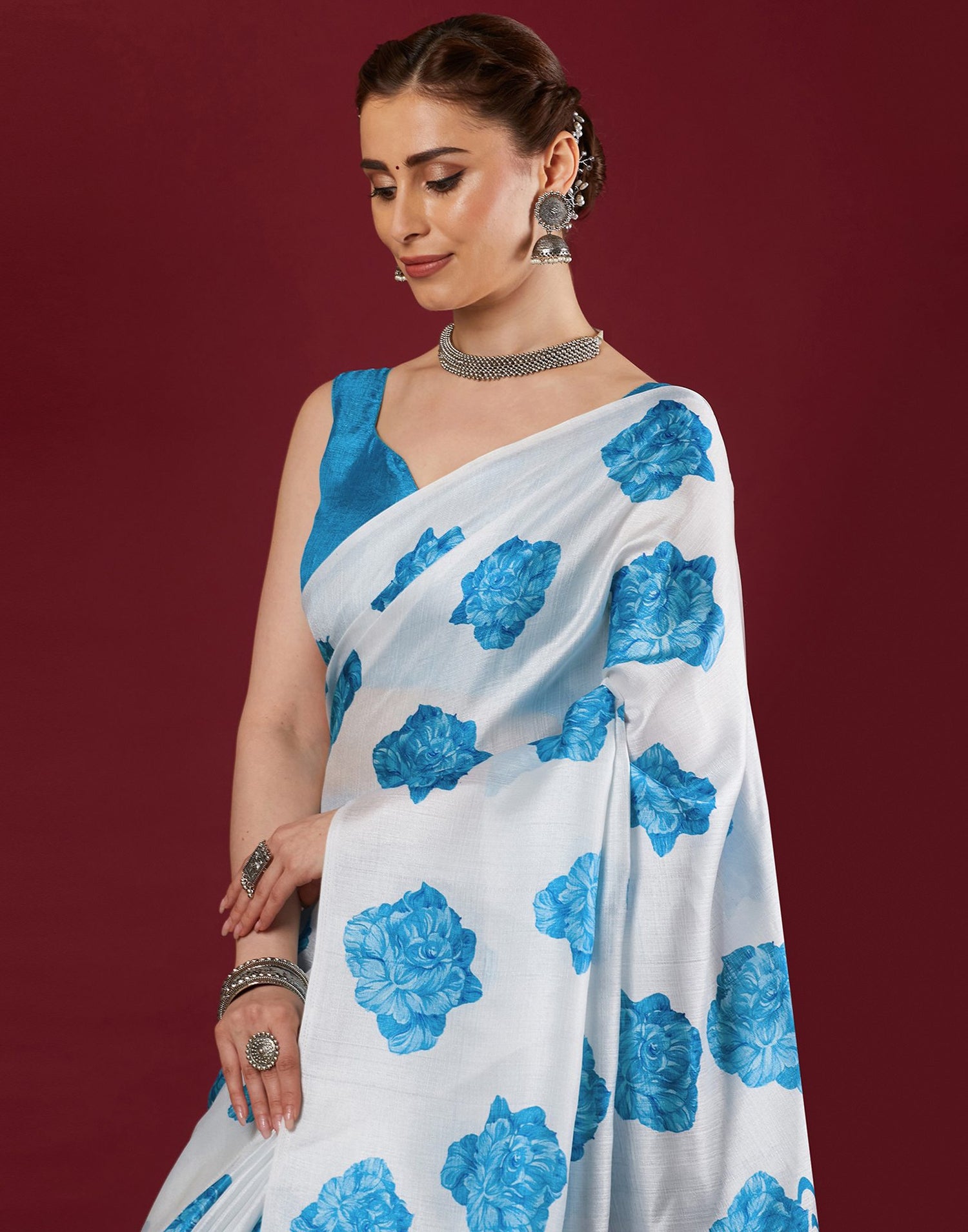 White Cotton Blend Floral Printed Saree