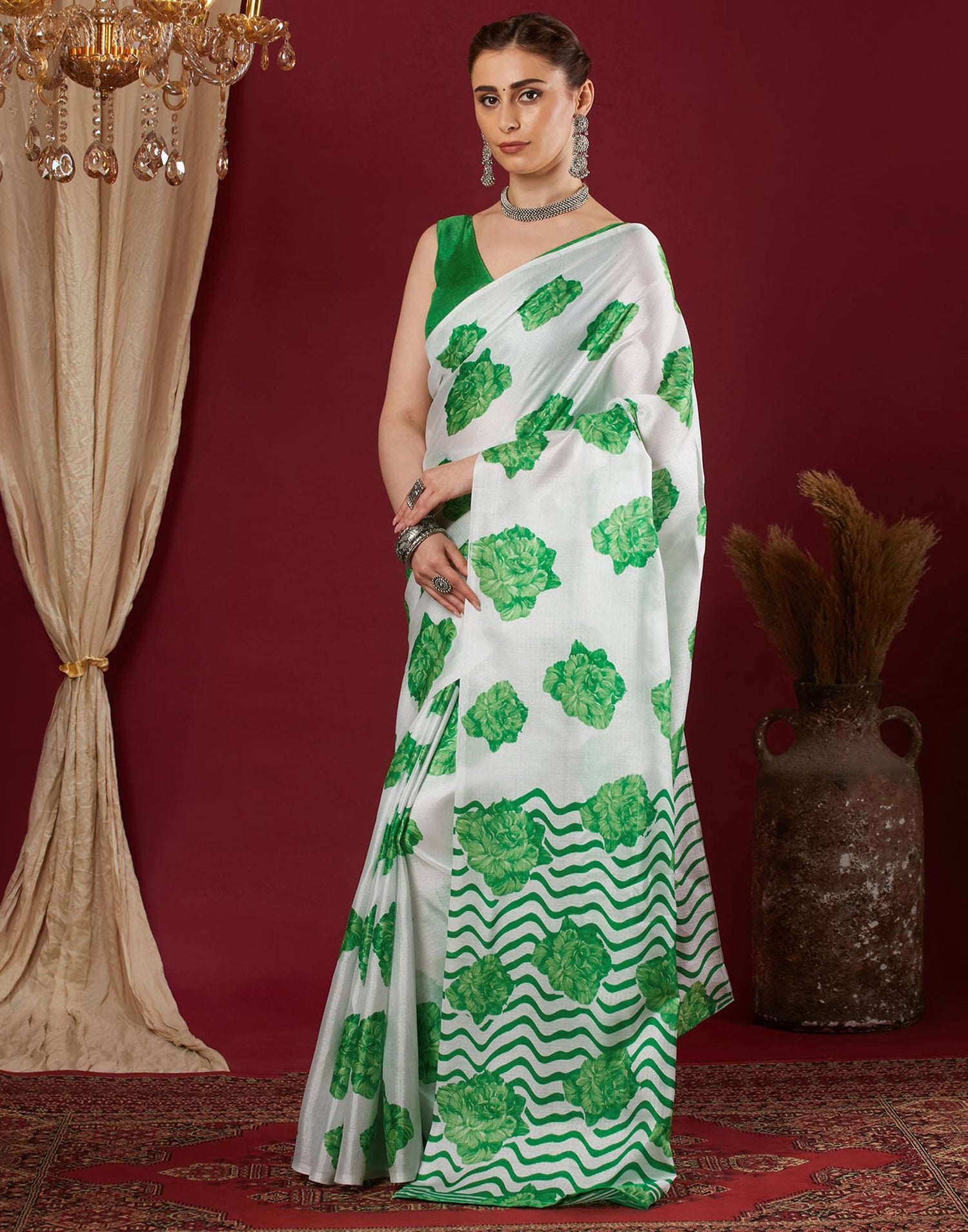 White Cotton Blend Floral Printed Saree