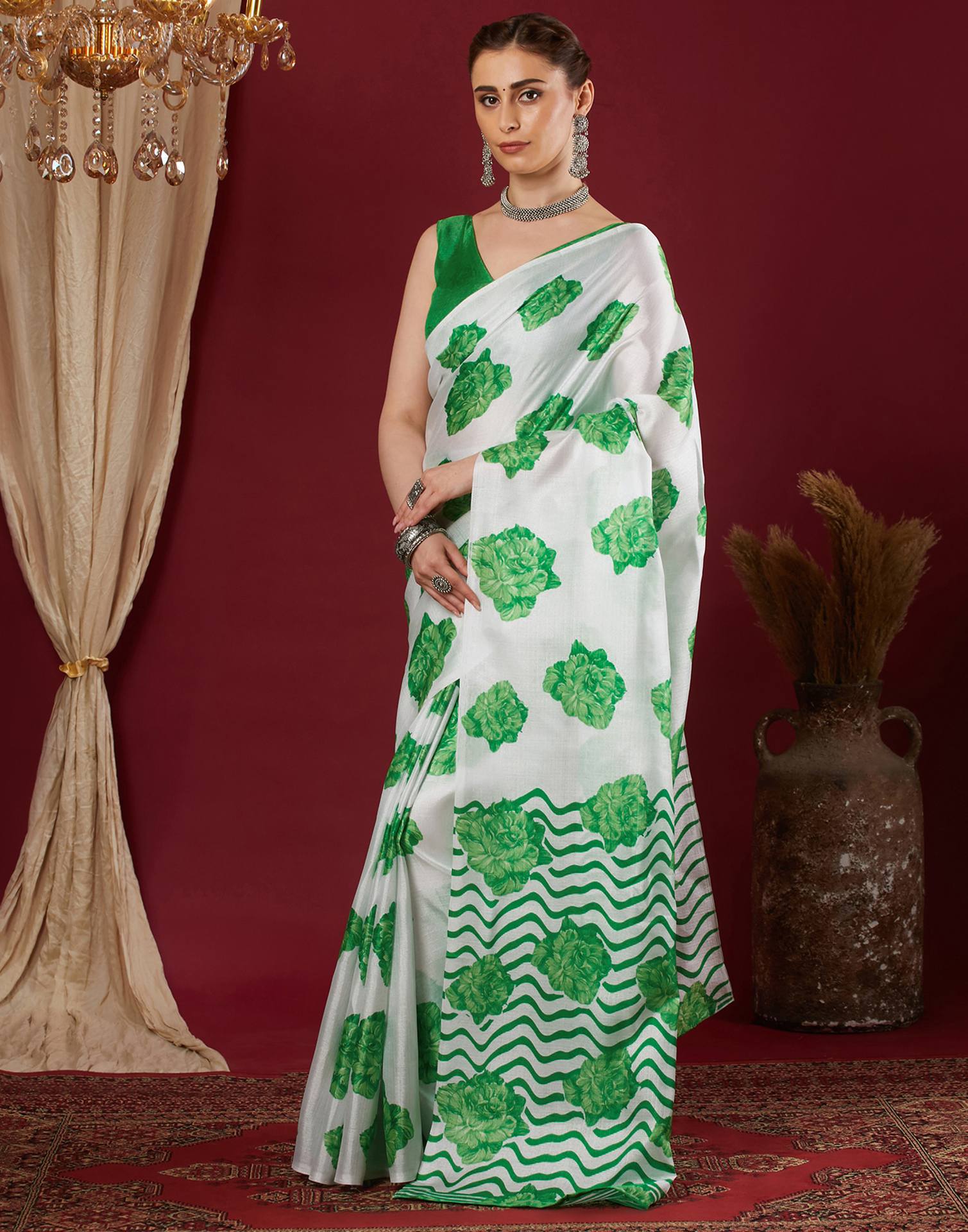 White Cotton Blend Floral Printed Saree