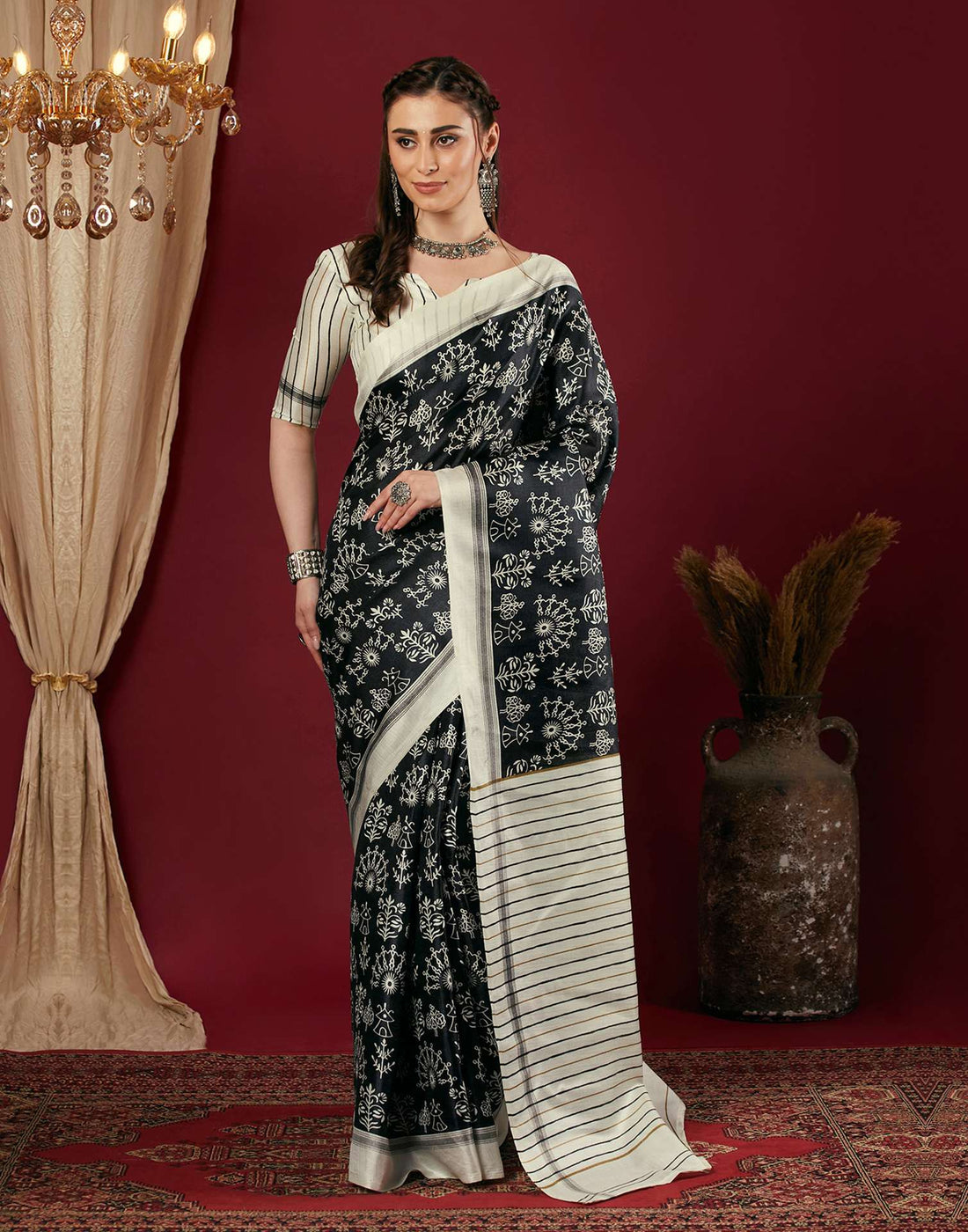 Black Cotton Blend Warli Printed Saree