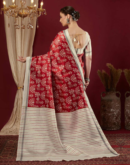 Red Cotton Blend Warli Printed Saree