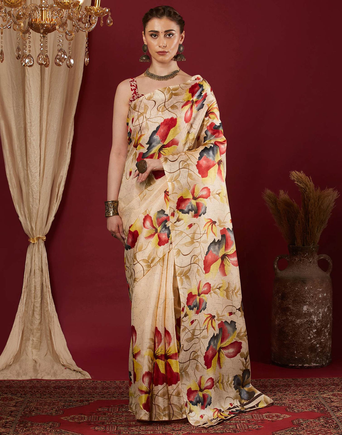 Dark Cream Cotton Blend Floral Printed Saree