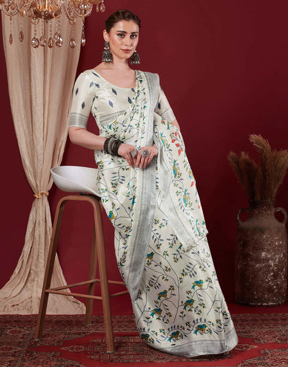 Off White Cotton Blend Floral Printed Saree
