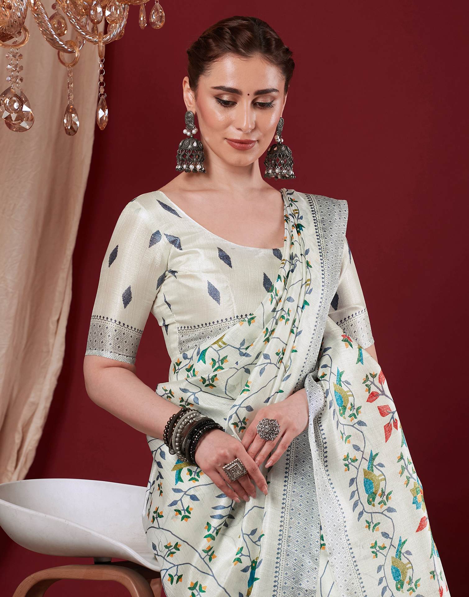 Off White Cotton Blend Floral Printed Saree