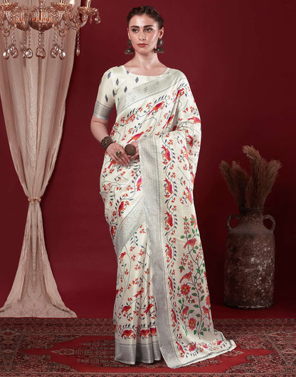 Off White Cotton Blend Floral Printed Saree