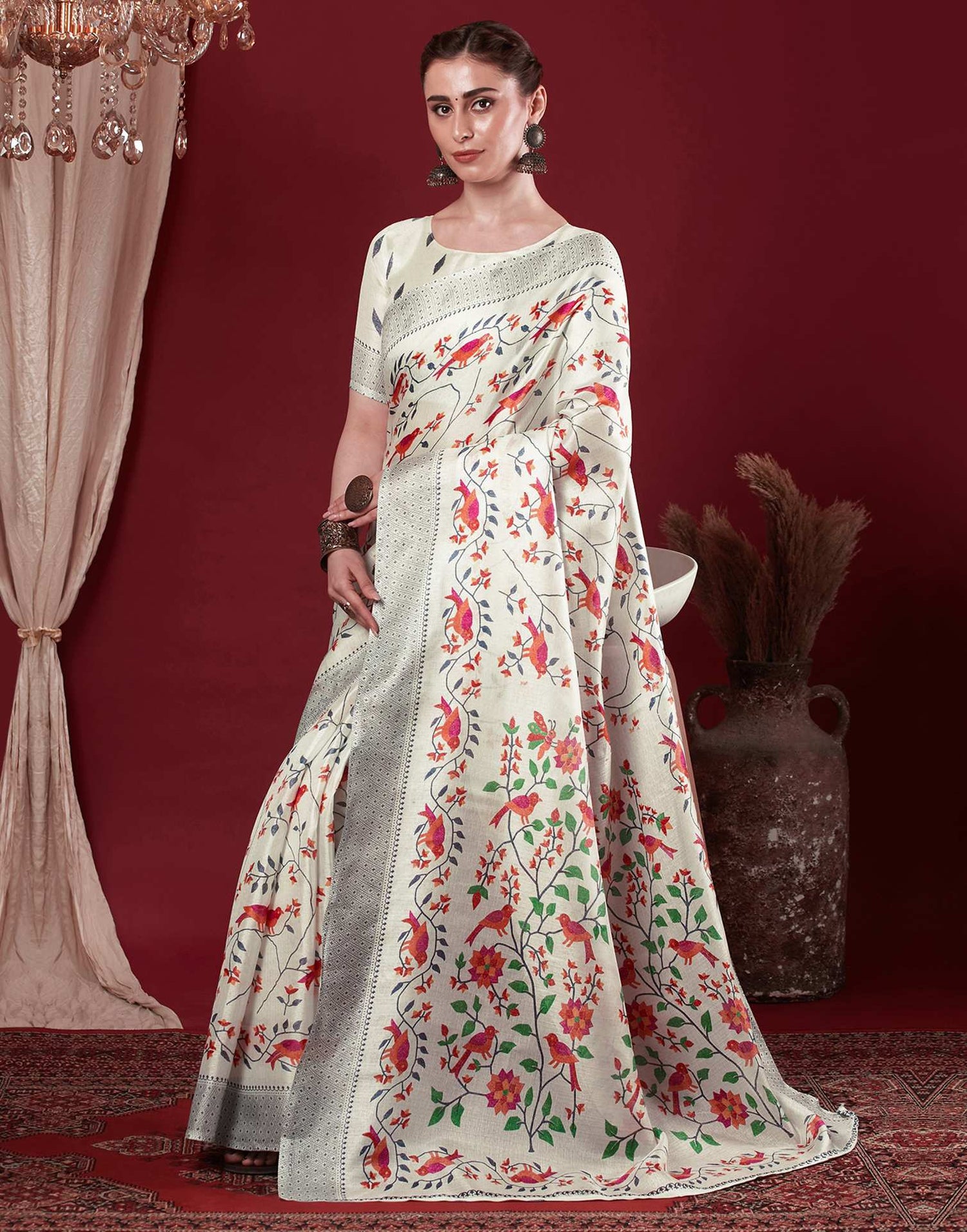 Off White Cotton Blend Floral Printed Saree