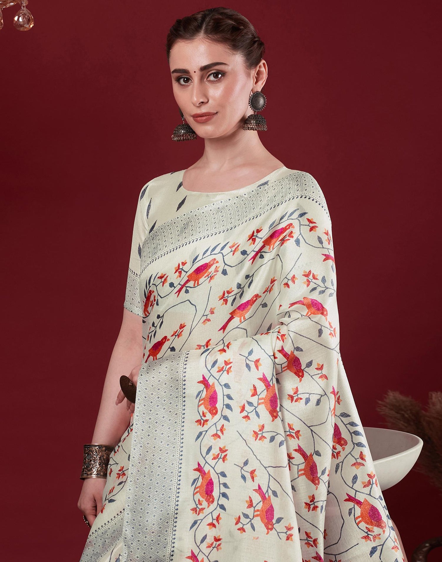 Off White Cotton Blend Floral Printed Saree