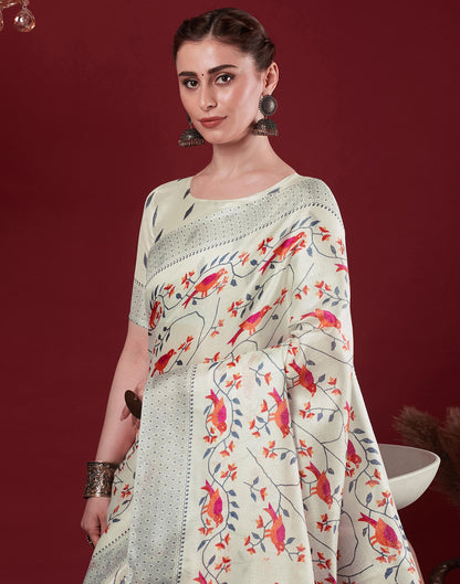 Off White Cotton Blend Floral Printed Saree