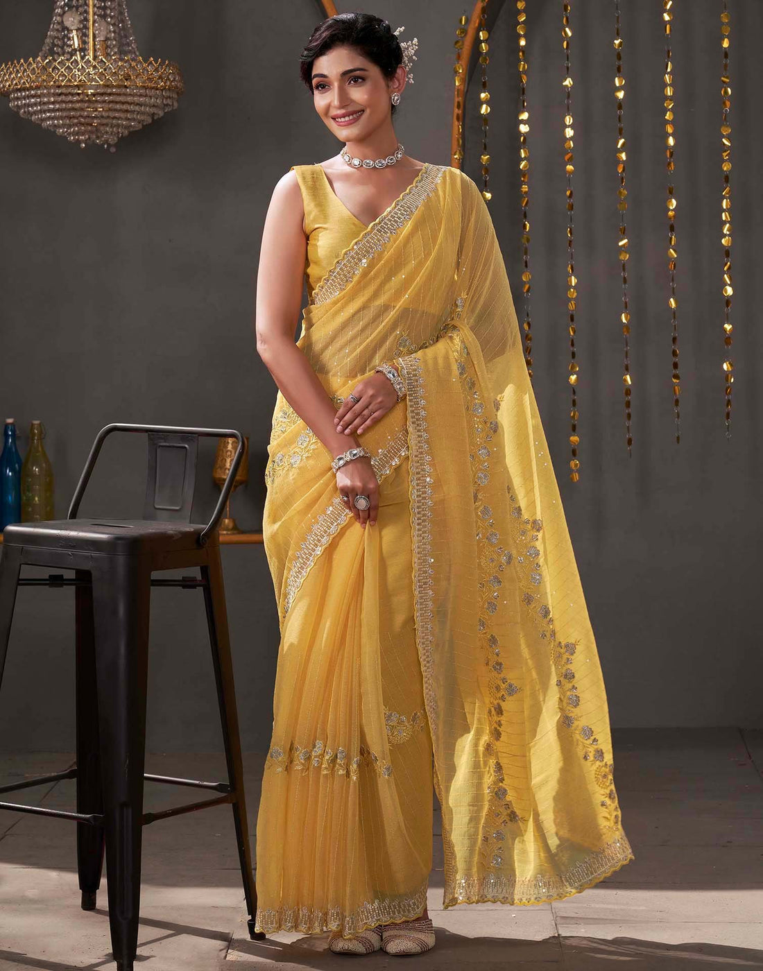 Yellow Organza Sequence Embroidery Saree
