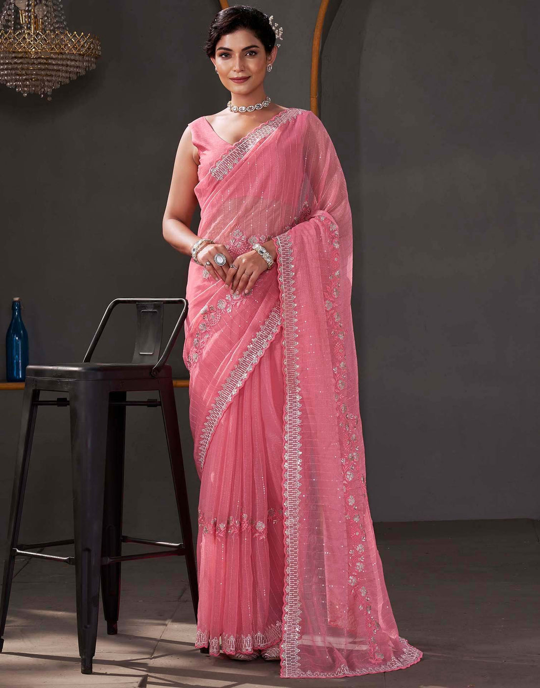 Rose Pink Organza Sequence Embroidery Saree