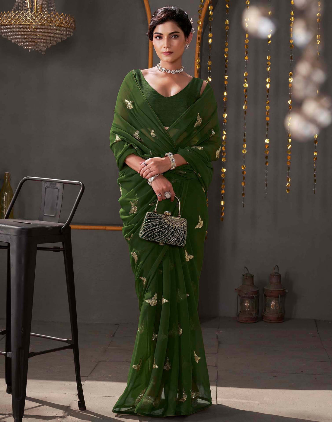 Dark Olive Green Georgette Sequence Embroidery Saree