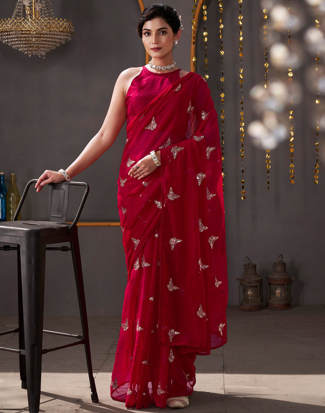 Red Georgette Sequence Embroidery Saree