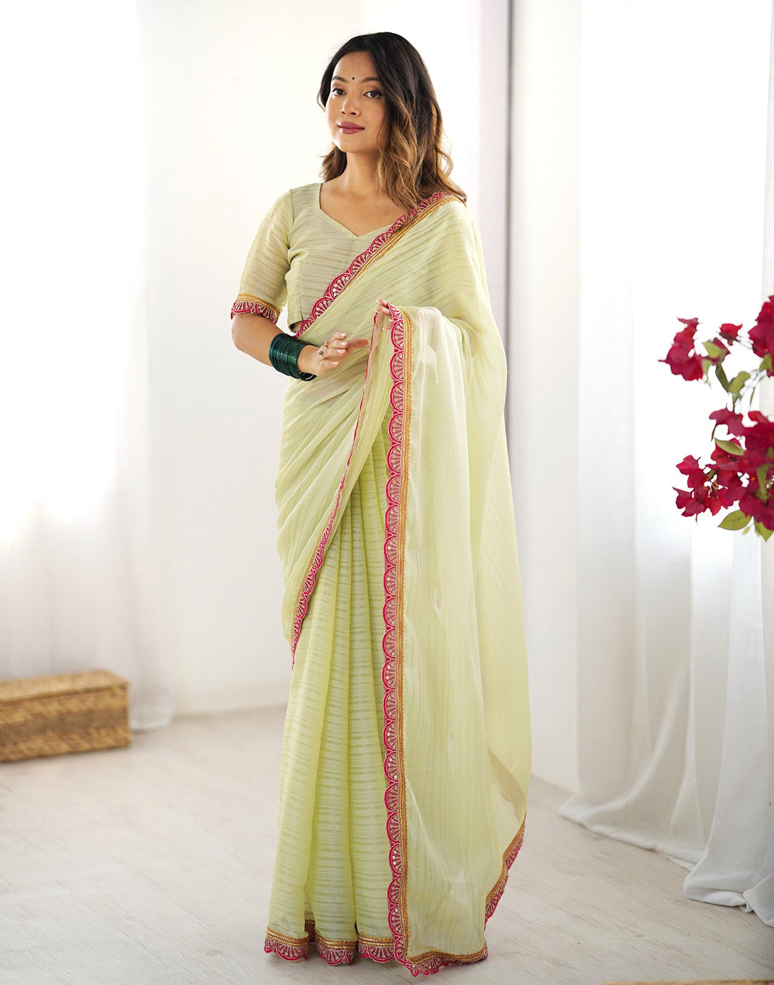 Light Pista Green Shimmer Woven Plain Saree