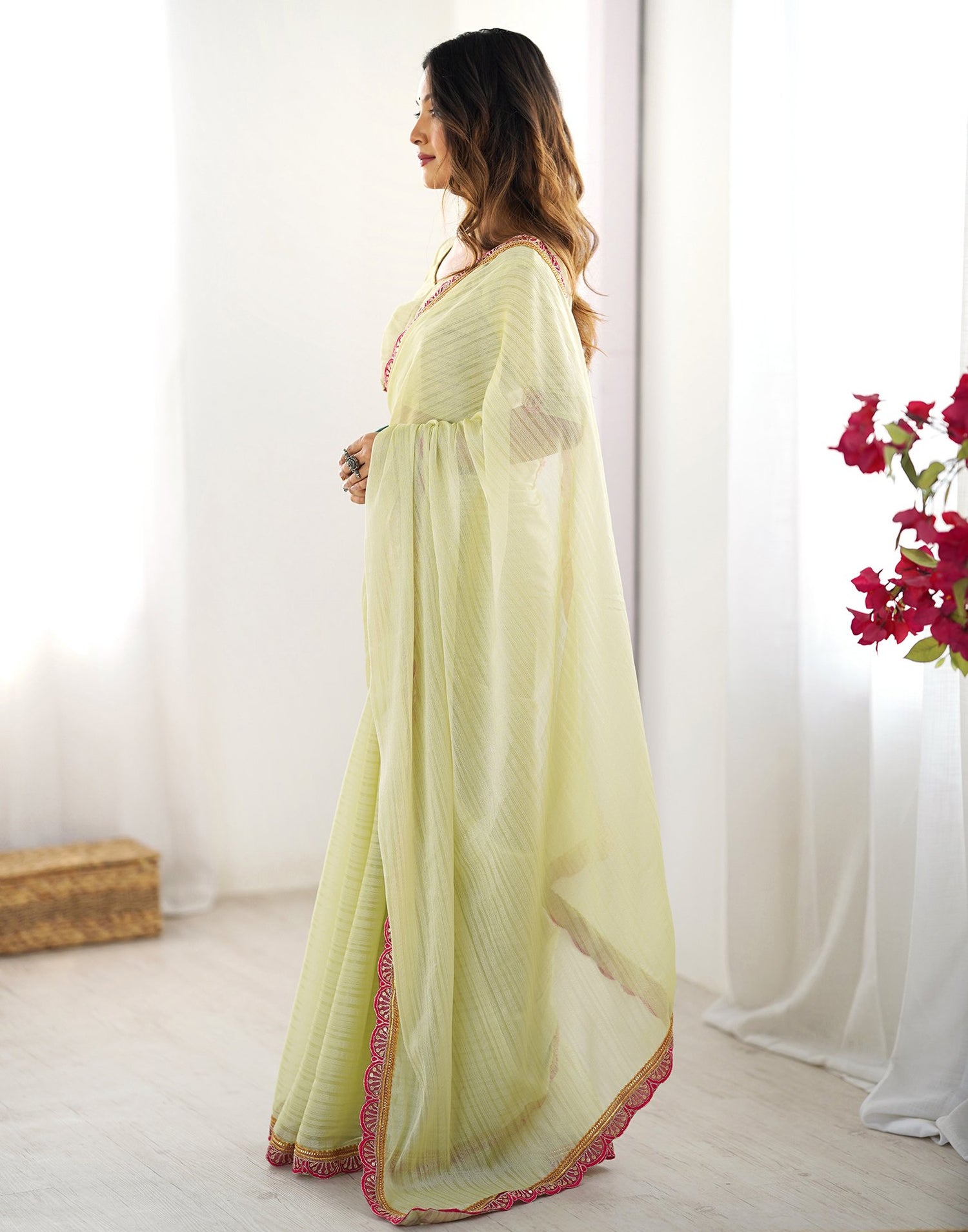 Light Pista Green Shimmer Woven Plain Saree