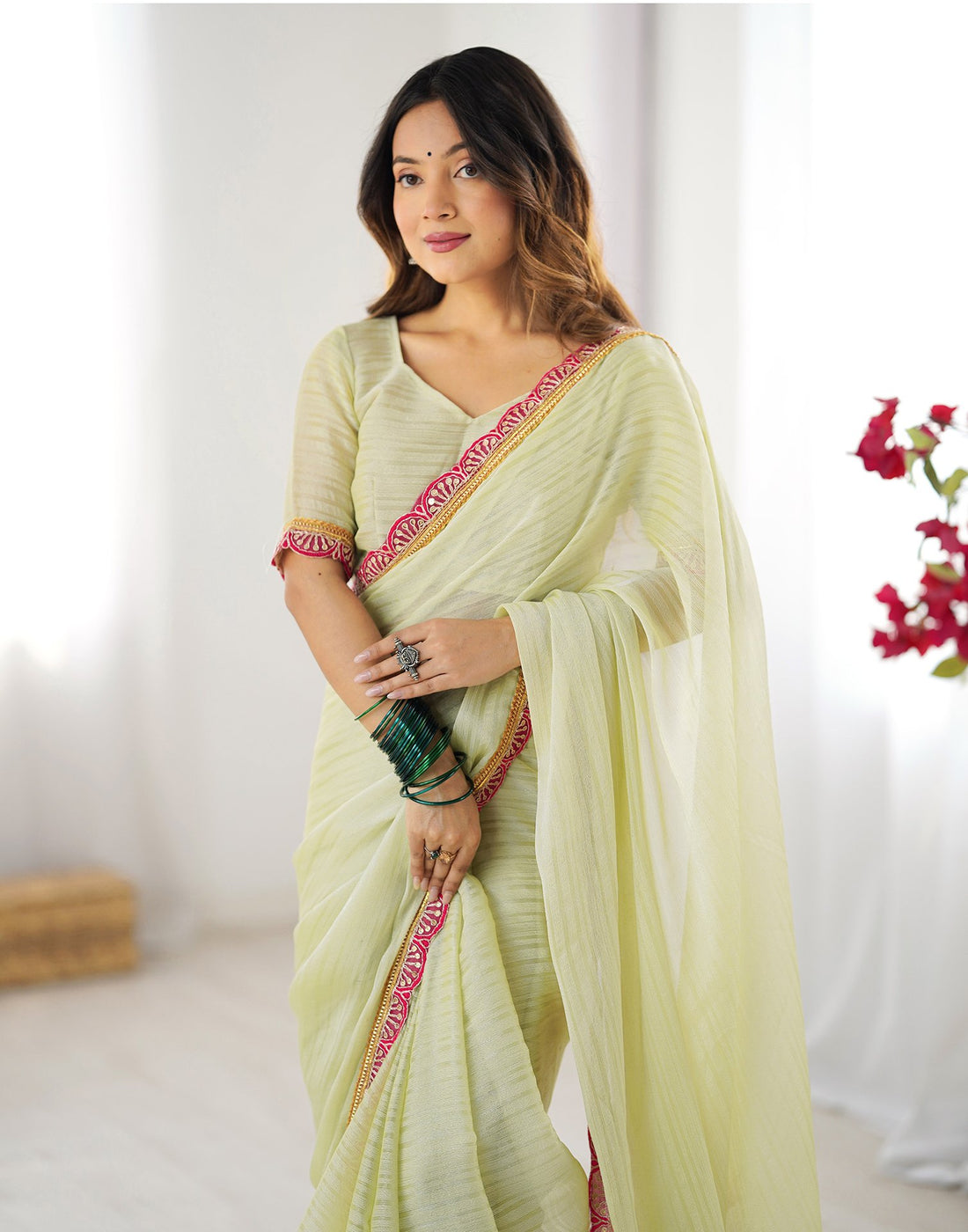 Light Pista Green Shimmer Woven Plain Saree