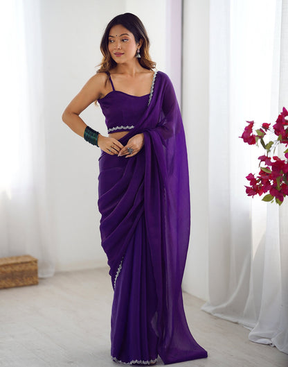 Dark Purple Shimmer Stone Work Plain Saree