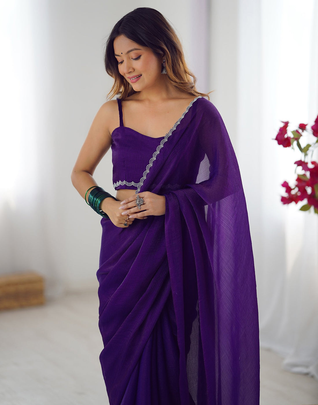 Dark Purple Shimmer Stone Work Plain Saree