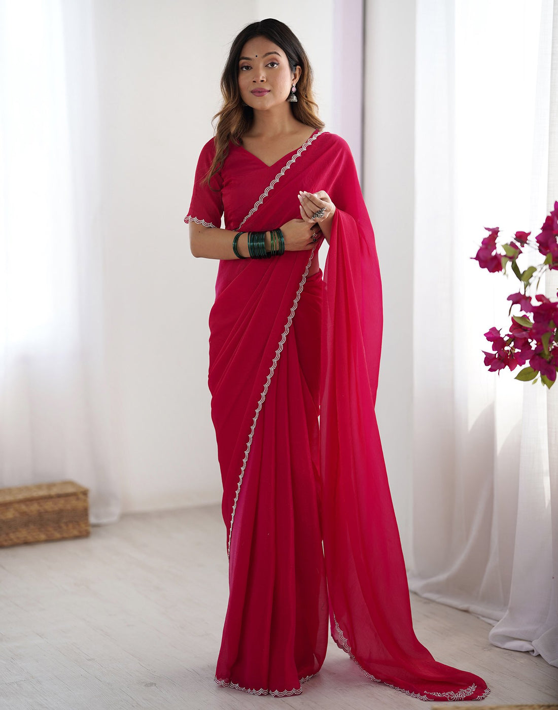 Dark Pink Shimmer Stone Work Plain Saree