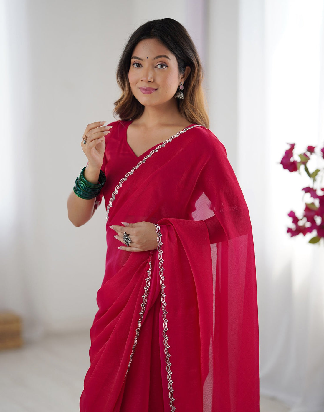 Dark Pink Shimmer Stone Work Plain Saree