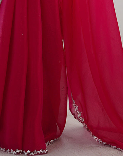 Dark Pink Shimmer Stone Work Plain Saree