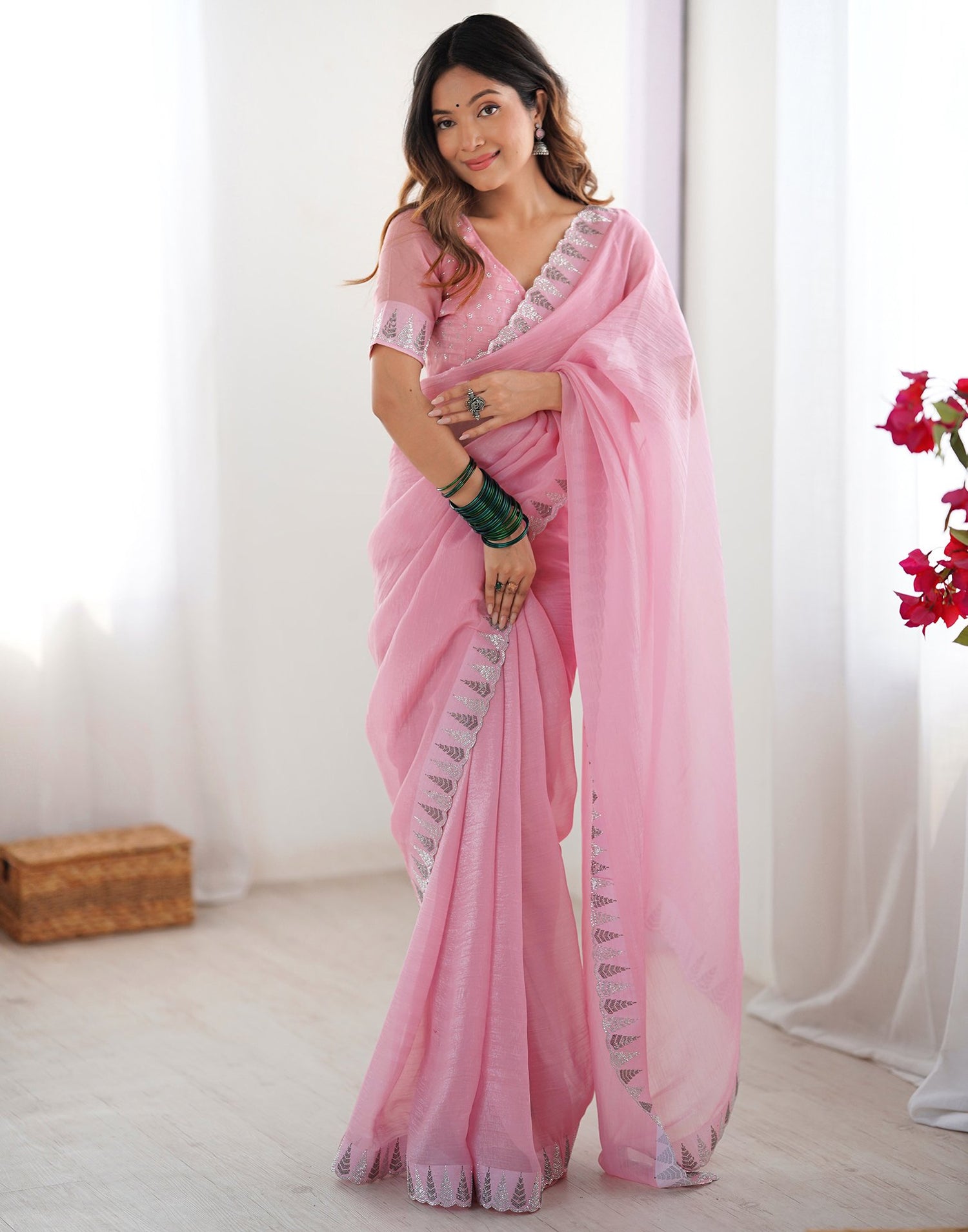 Light Pink Shimmer Stone Work Plain Saree
