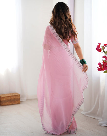 Light Pink Shimmer Stone Work Plain Saree