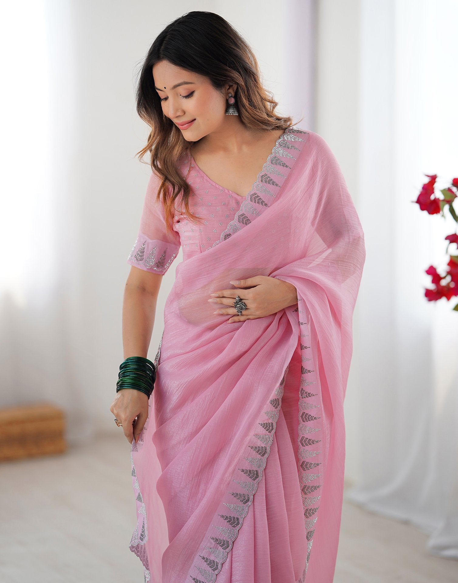 Light Pink Shimmer Stone Work Plain Saree