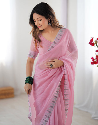 Light Pink Shimmer Stone Work Plain Saree