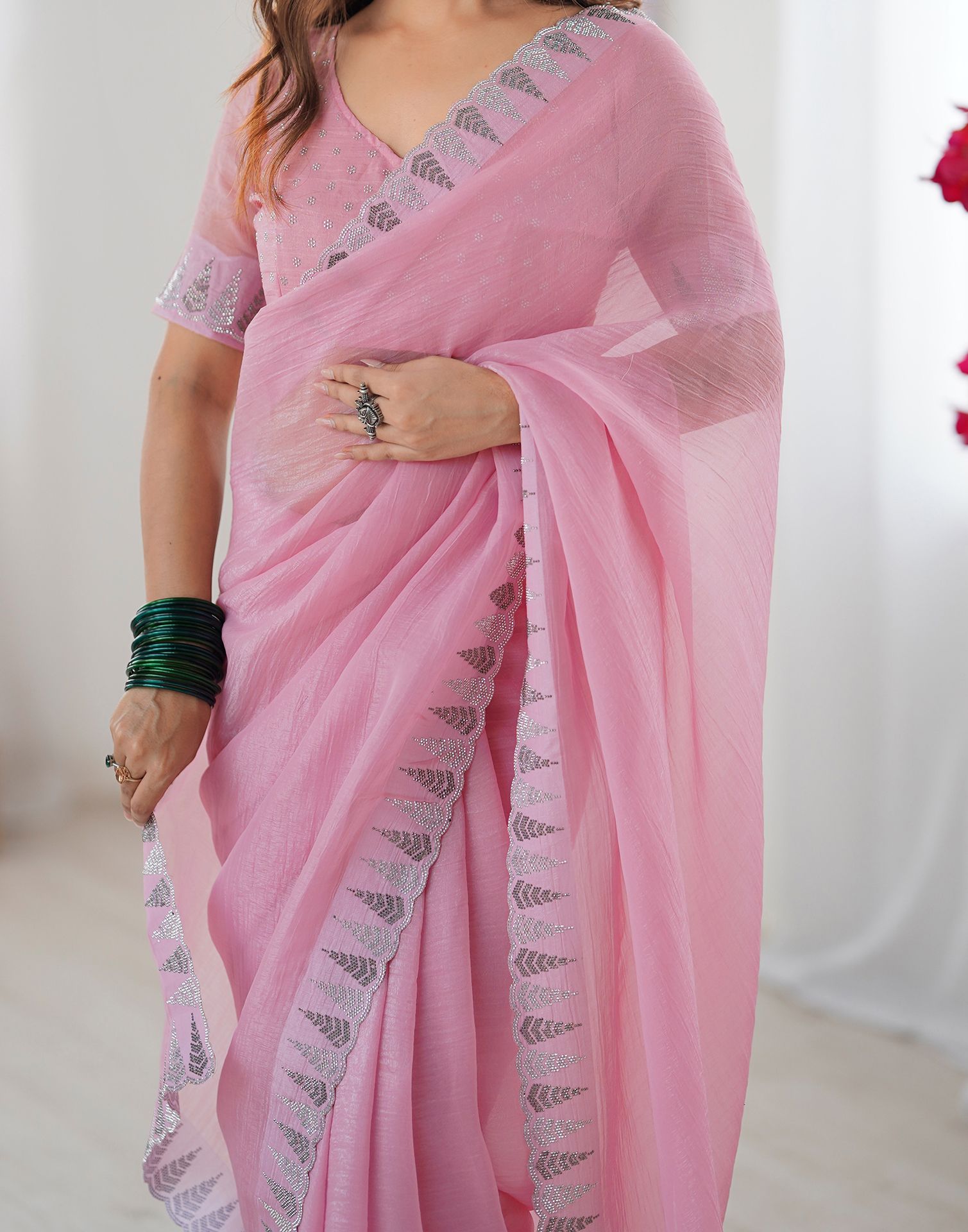 Light Pink Shimmer Stone Work Plain Saree