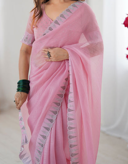Light Pink Shimmer Stone Work Plain Saree