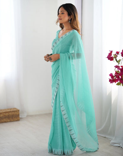 Aqua Blue Shimmer Stone Work Plain Saree