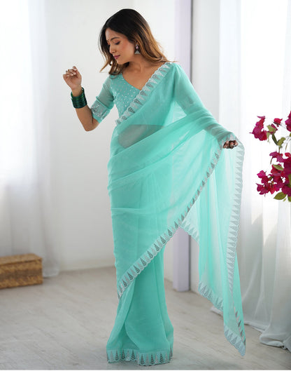 Aqua Blue Shimmer Stone Work Plain Saree
