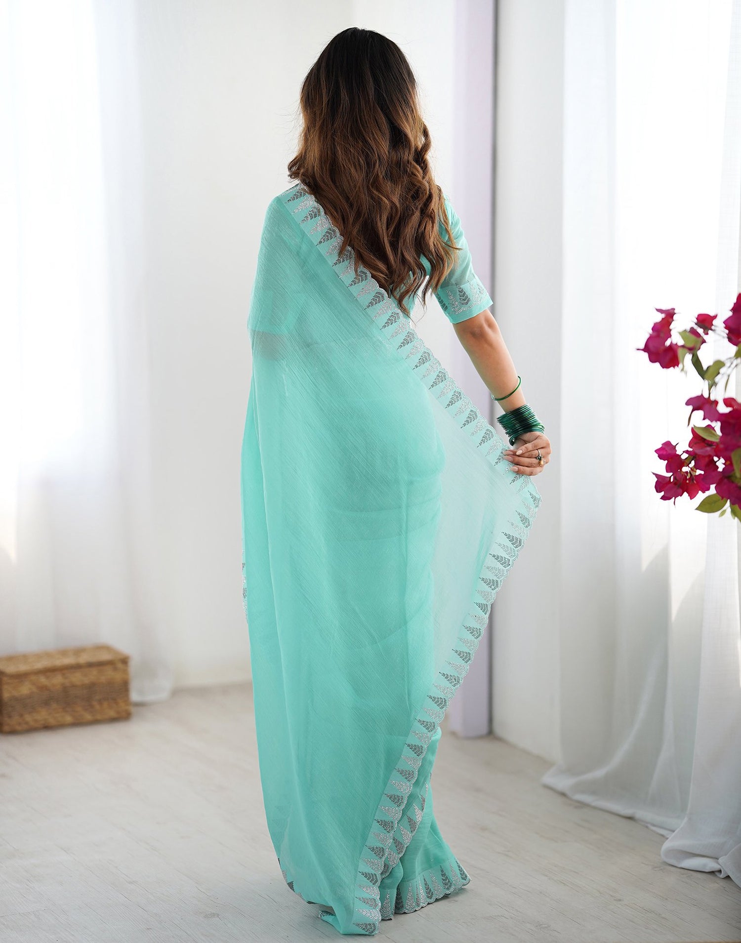 Aqua Blue Shimmer Stone Work Plain Saree
