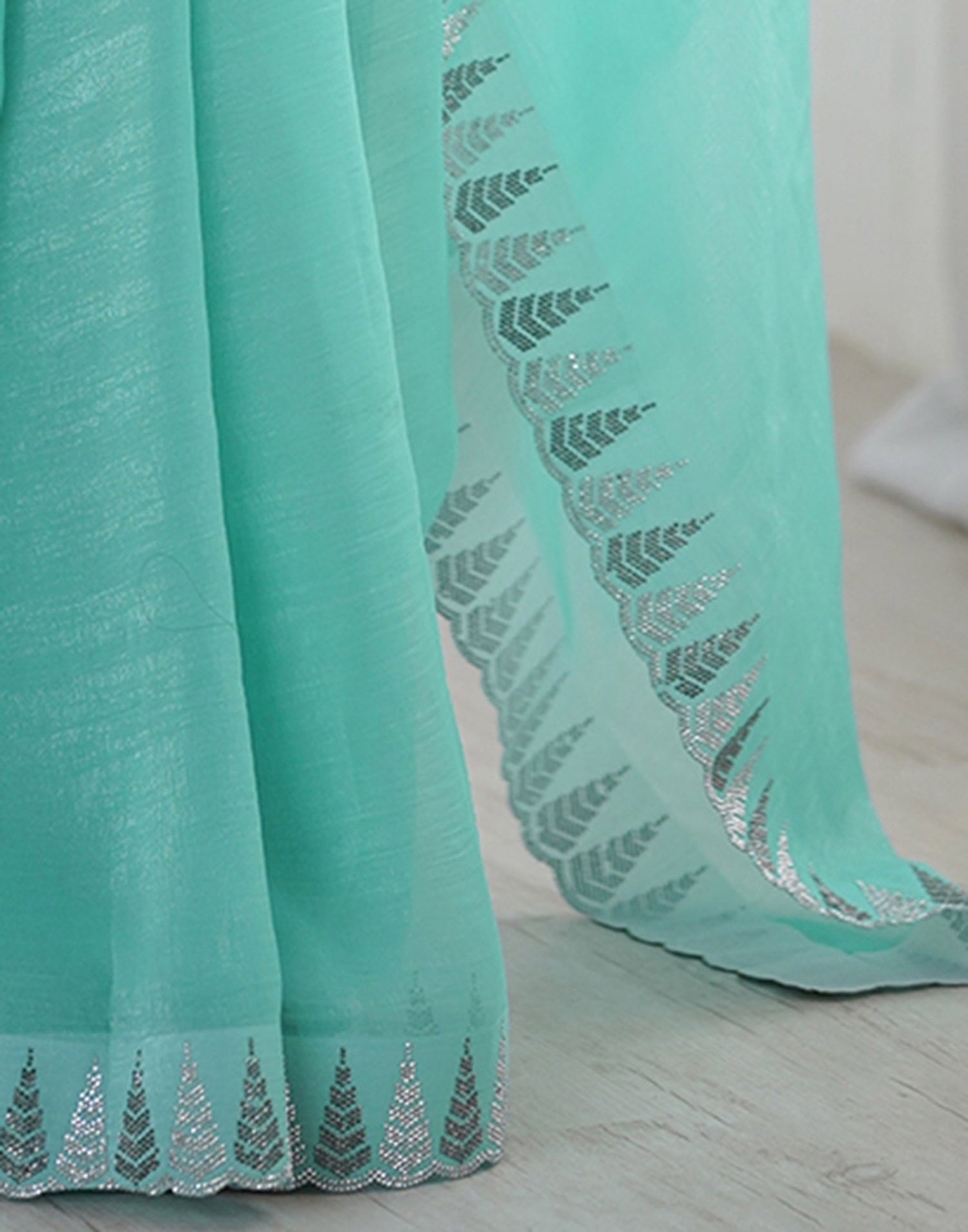 Aqua Blue Shimmer Stone Work Plain Saree