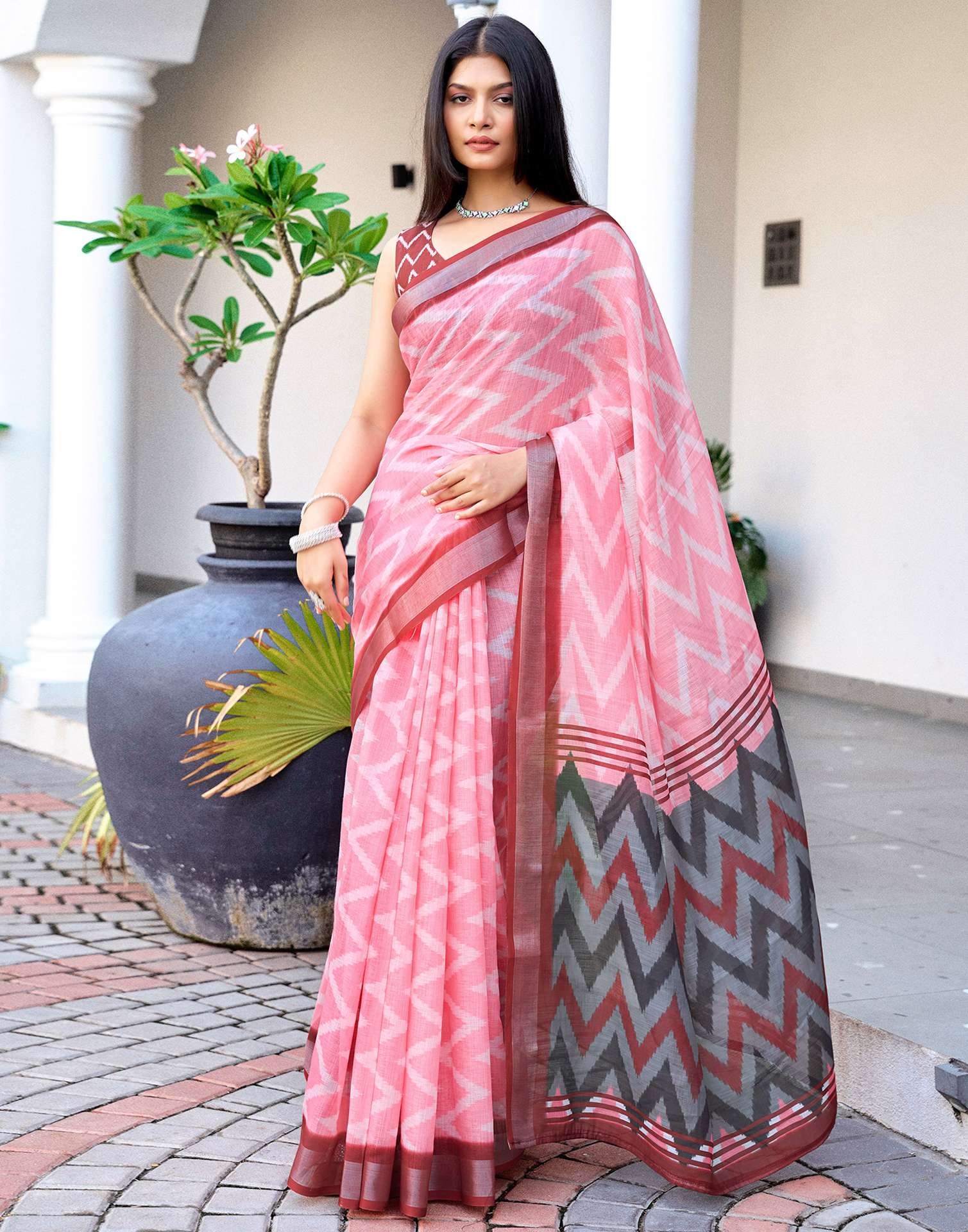 Pink Linen Ikkat Printed Saree