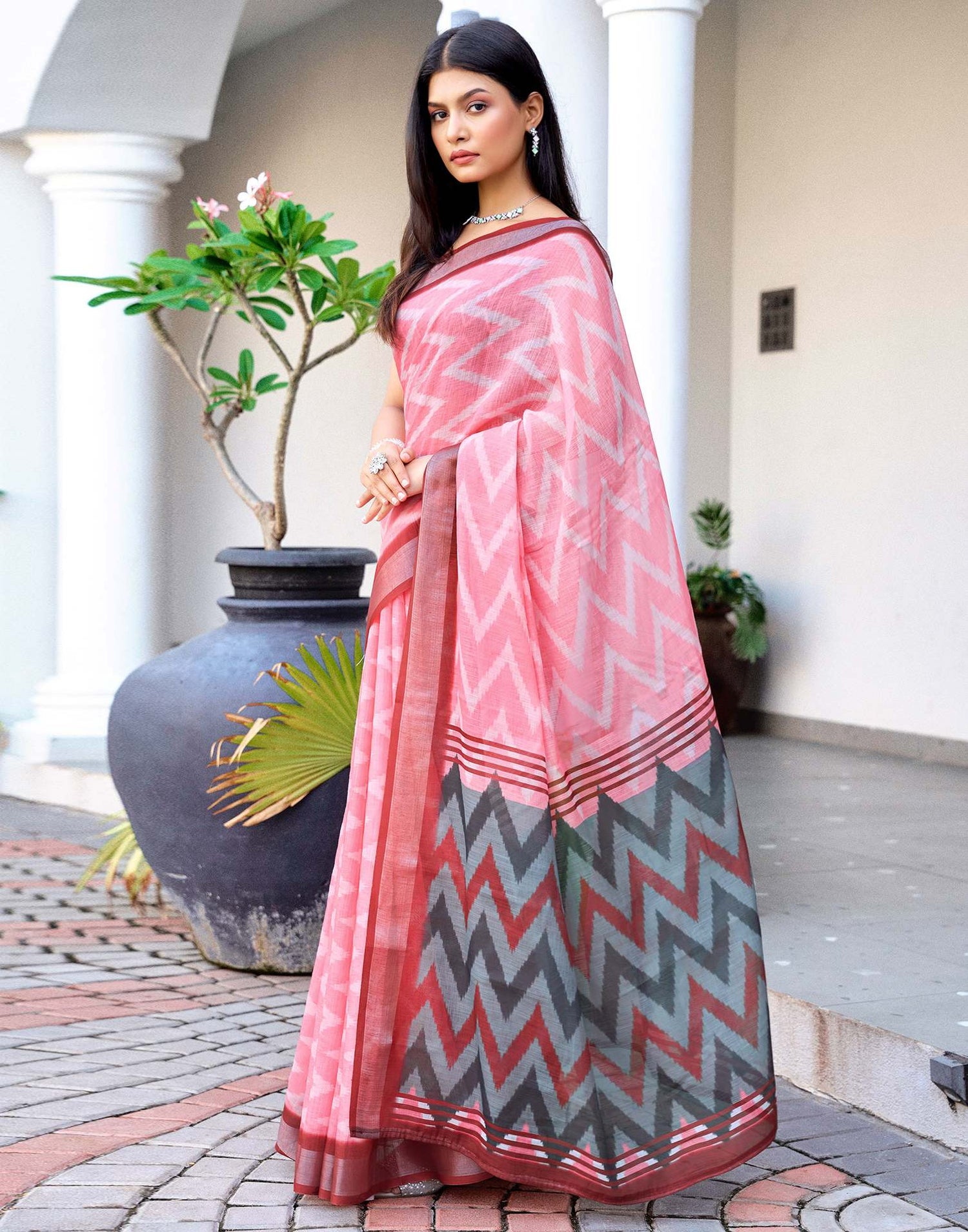 Pink Linen Ikkat Printed Saree