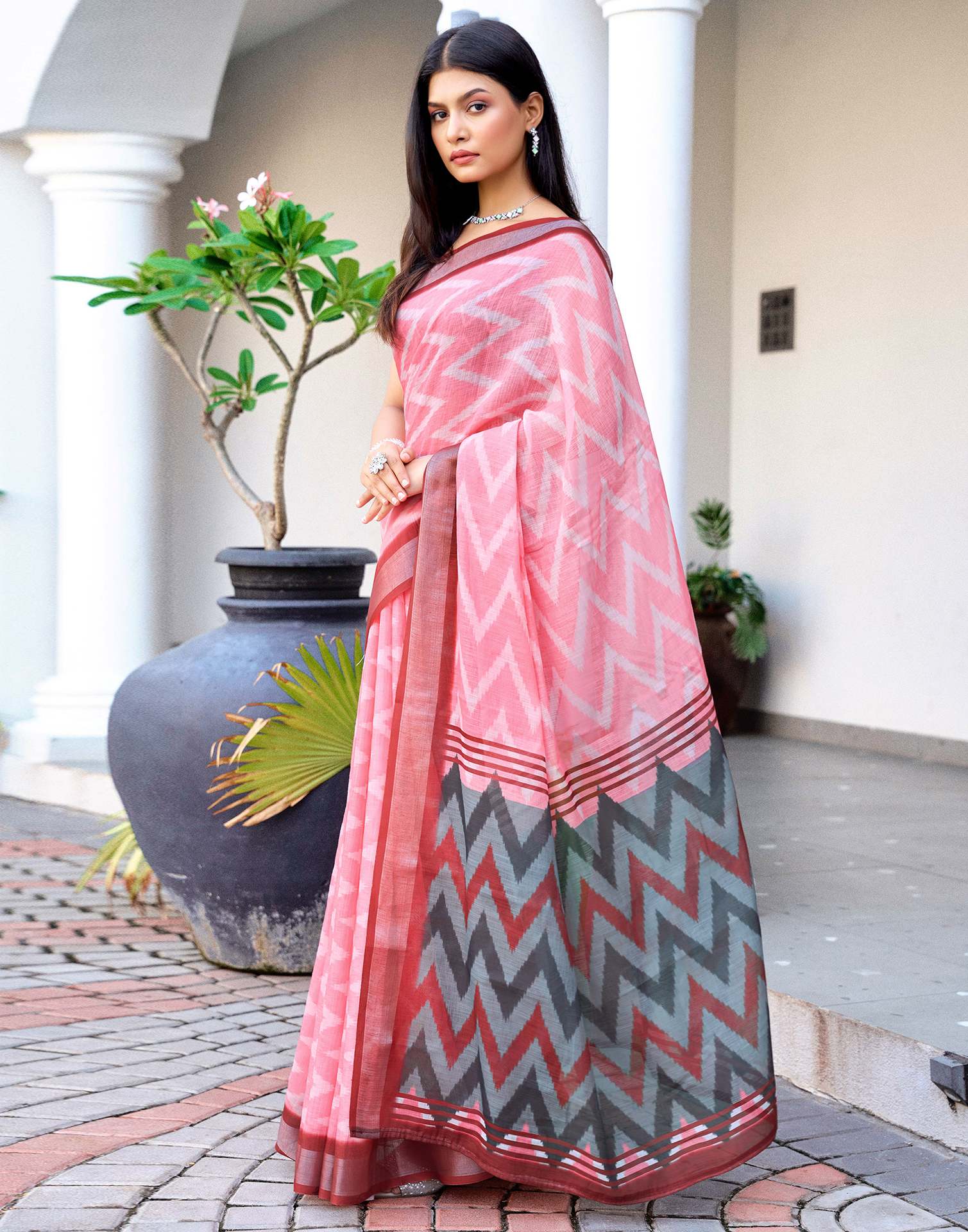 Pink Linen Ikkat Printed Saree