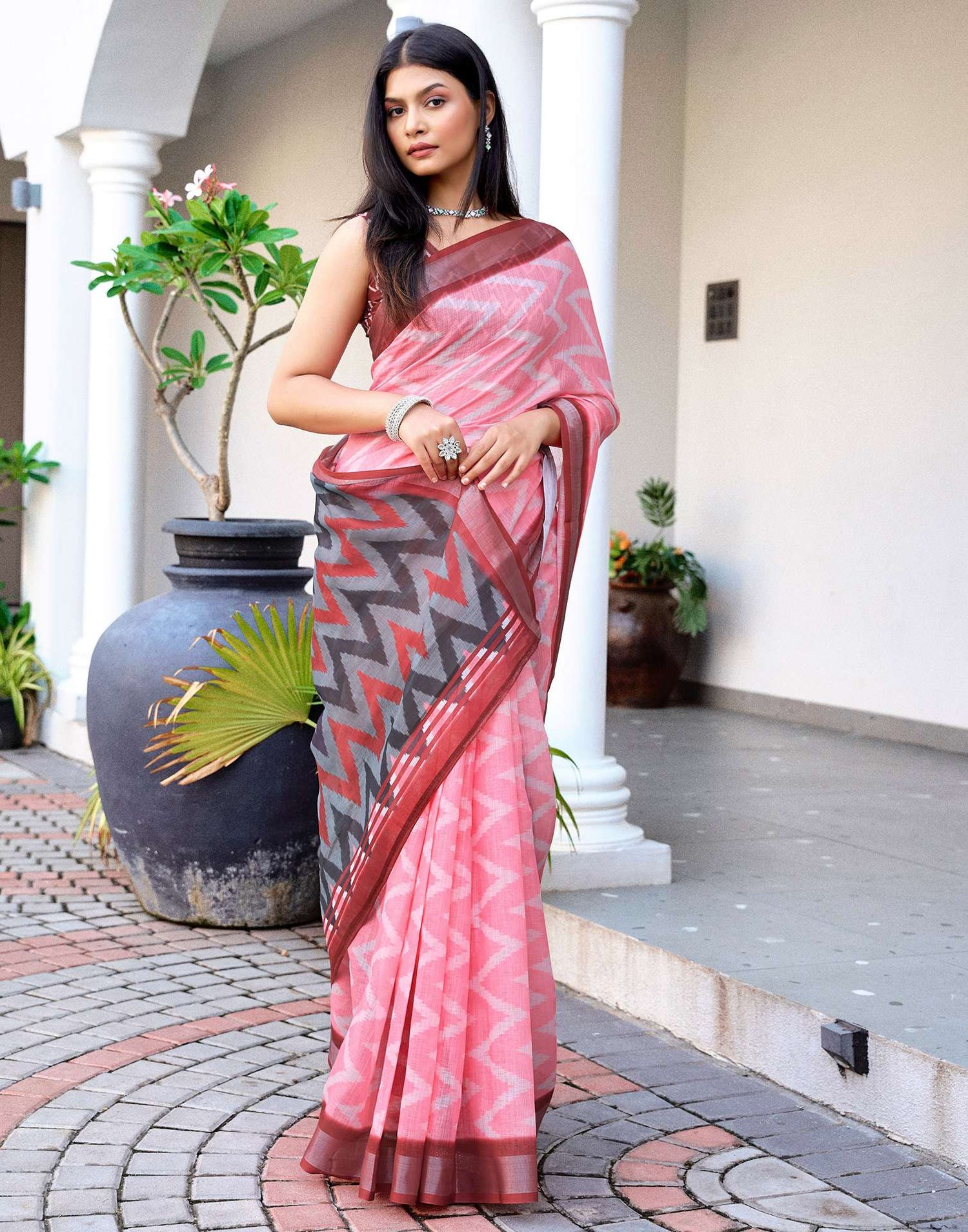 Pink Linen Ikkat Printed Saree