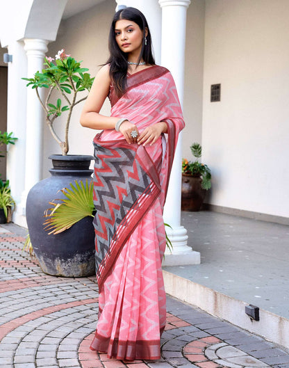 Pink Linen Ikkat Printed Saree