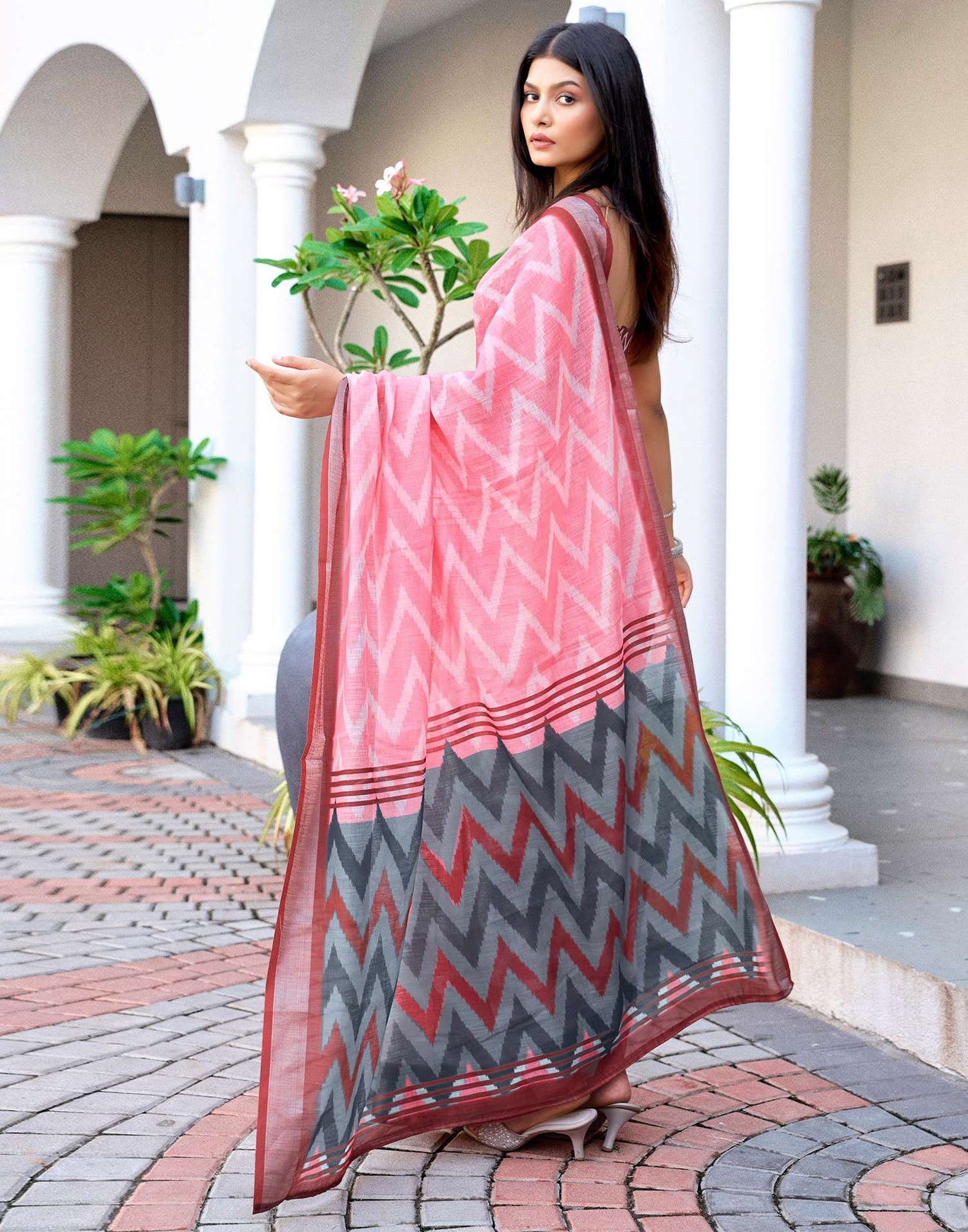 Pink Linen Ikkat Printed Saree