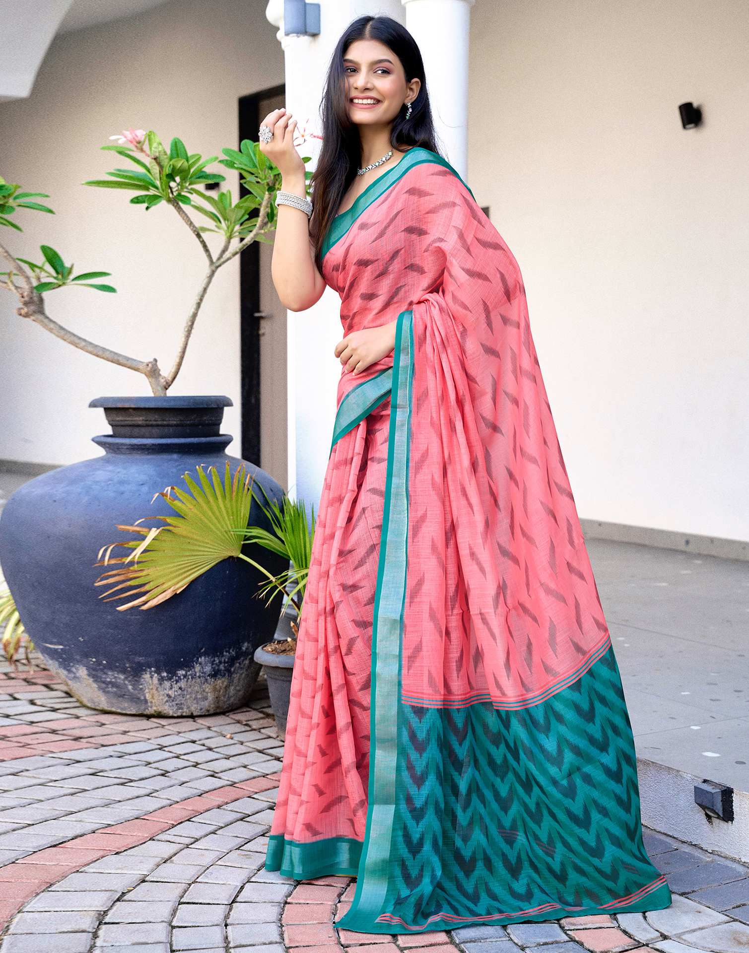 Pink Linen Ikkat Printed Saree
