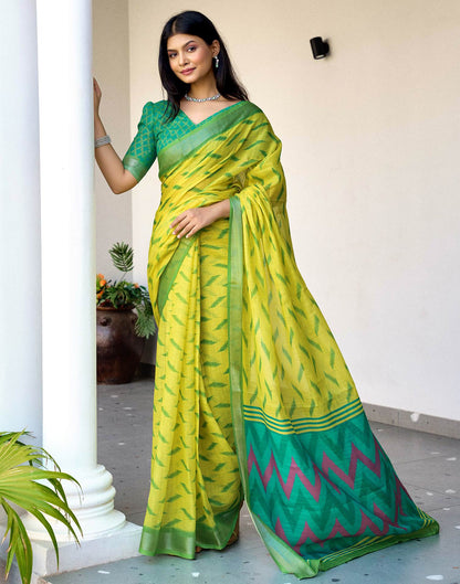 Lime Yellow Linen Ikkat Printed Saree