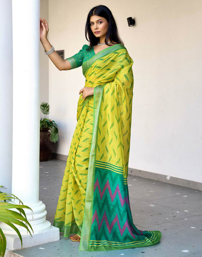 Lime Yellow Linen Ikkat Printed Saree