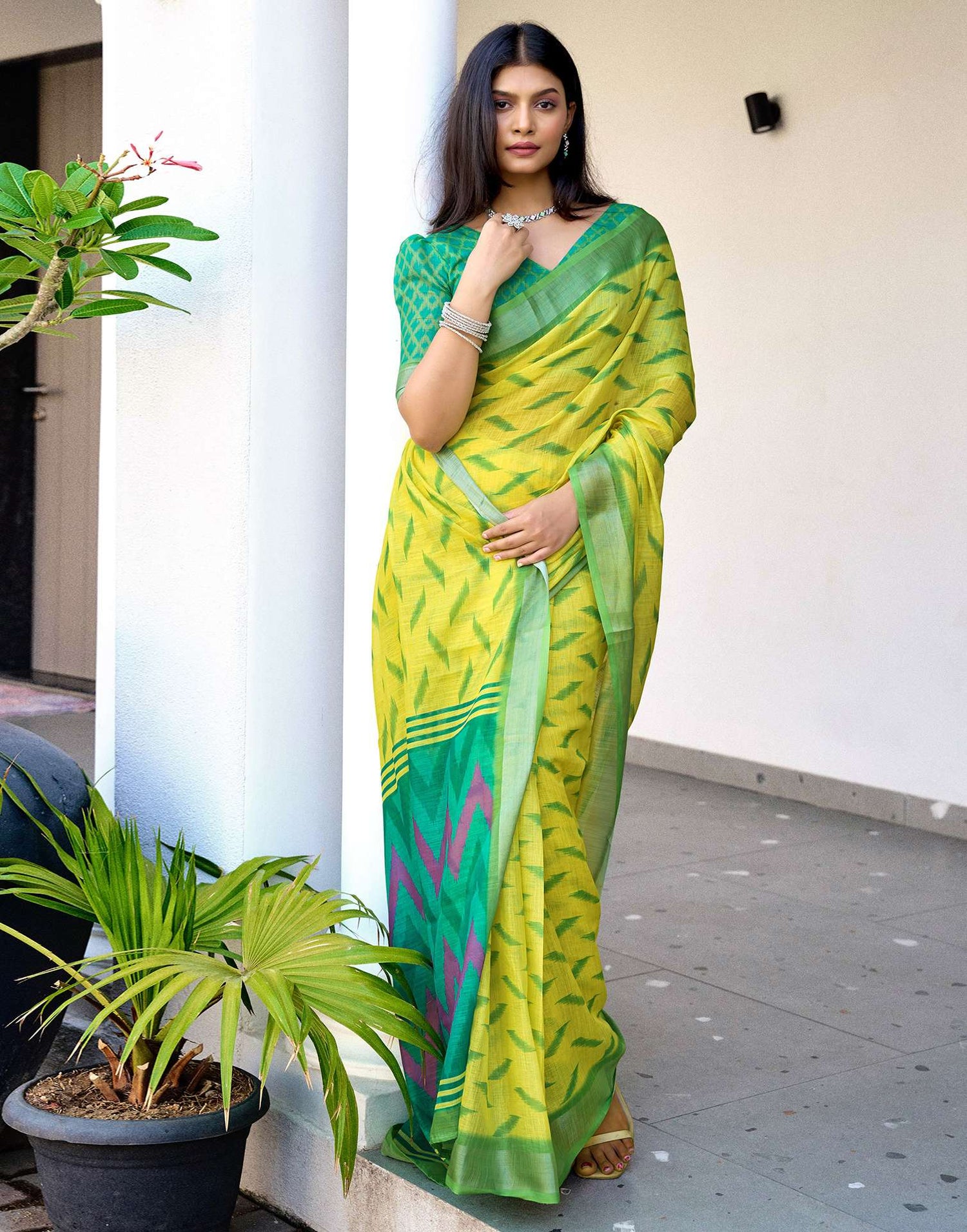 Lime Yellow Linen Ikkat Printed Saree