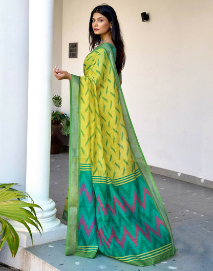 Lime Yellow Linen Ikkat Printed Saree