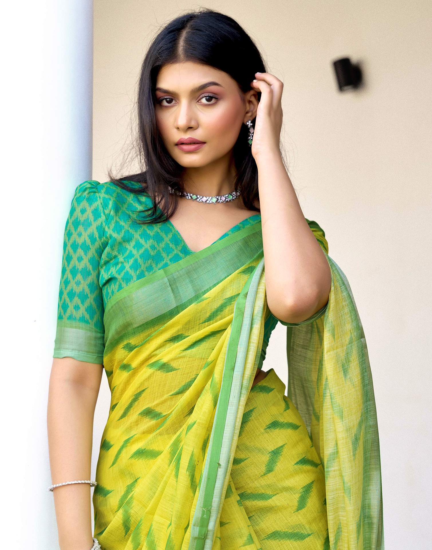 Lime Yellow Linen Ikkat Printed Saree