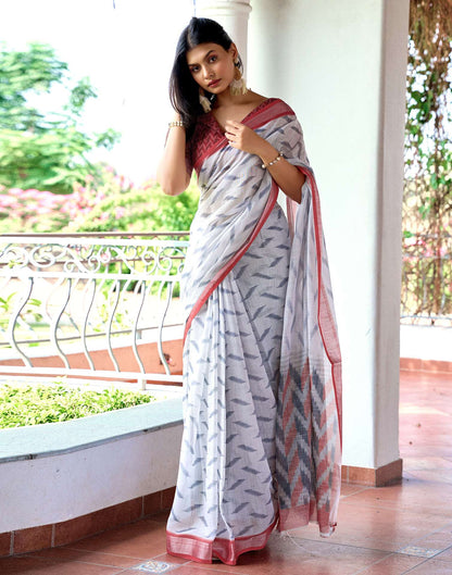 White Linen Ikkat Printed Saree
