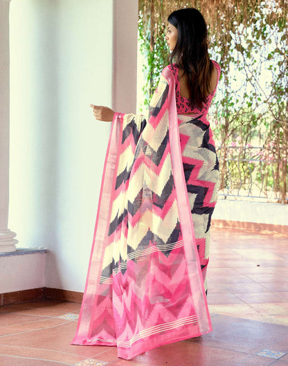 Off White Linen Ikkat Printed Saree