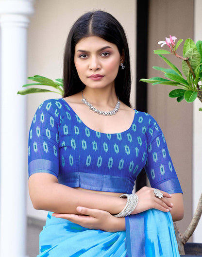 Sky Blue Linen Ikkat Printed Saree